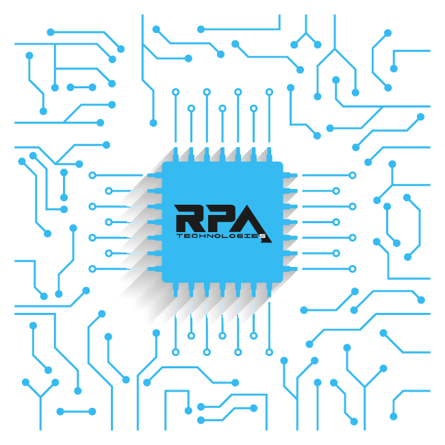 Circuito con chip en el centro con el logo de RPA