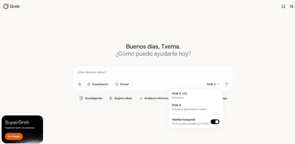 Pantalla de inicio de Grok3
